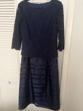 Women's Navy Lace Bodice & Striped Taffeta Midi Dress